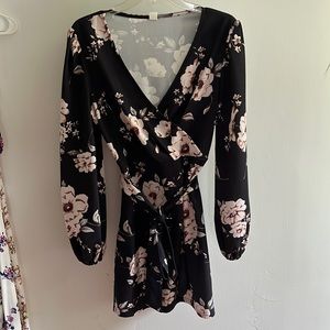 Floral wedding guest dress, long sleeves
